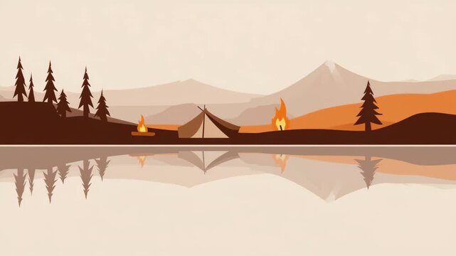 Serene Camping Landscape with Tent and Bonfire by the Lake at Sunset