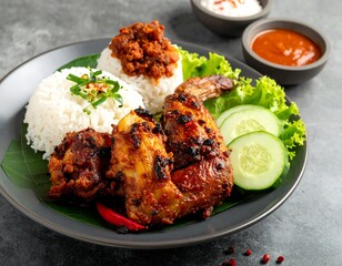 Plate of food featuring grilled chicken and side dishes