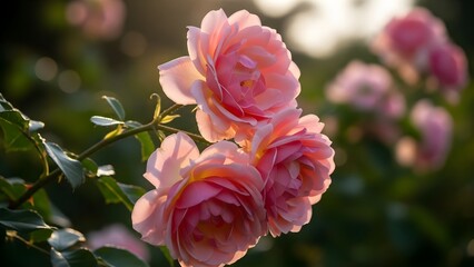 Closeup of delicate pink roses blooming in soft sunlight.