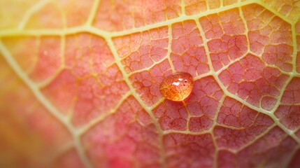 Close-up of a water droplet on a vibrant autumn leaf, showcasing intricate vein patterns and color variations.