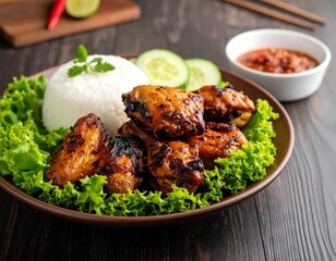 Plate of grilled chicken wings, rice, and fresh vegetables