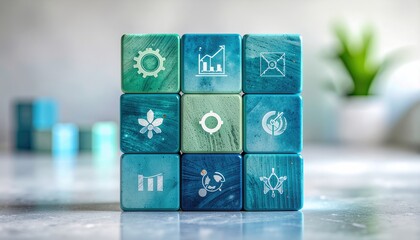 Modern business strategy blocks showing growth, data, email, and innovation