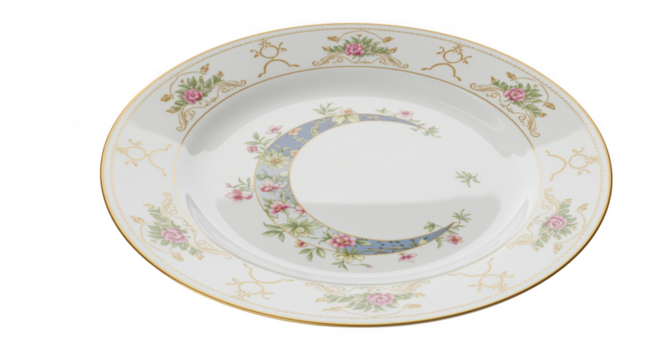 Antique decorative porcelain plate with floral pattern isolated on transparent background