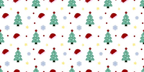 Cute Christmas pattern with festive trees, Santa hats, stars, snowflakes, and dots on a clean white background. Perfect for holiday wrapping, decor, and seasonal designs.