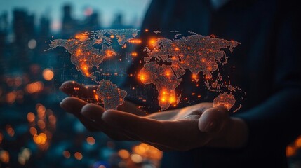 Persons hands holding a hologram of the world, symbolizing technology, cyberspace, and global digital connections. A modern display for website accessibility and data sharing, Generative AI