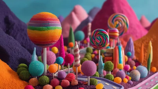 Whimsical Candy Land Landscape With Colorful Lollipops And Sugar Mountains