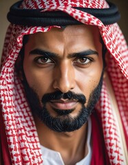 Portrait of a man wearing traditional headwear, looking directly at the viewer