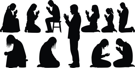Diverse praying and kneeling people silhouettes set, black silhouette of men and women praying, standing, sitting, and meditating for religion, spirituality, and faith vector illustration content.