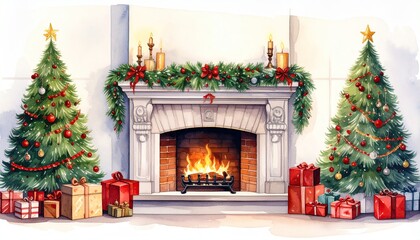 Cozy Christmas Fireplace Scene with Decorated Trees and Gifts.