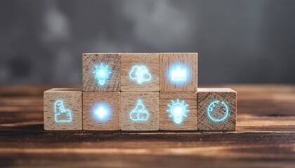 Branding strategy blocks showing innovation, teamwork, and development ideas