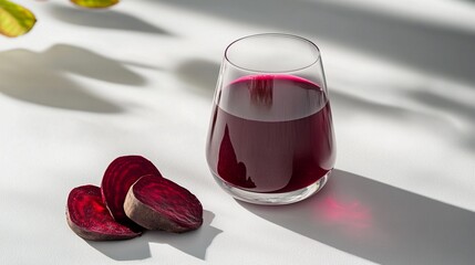 Deep crimson beet juice served in a transparent glass, with fresh beetroot slices beside it, clean front-facing composition on a plain white background.