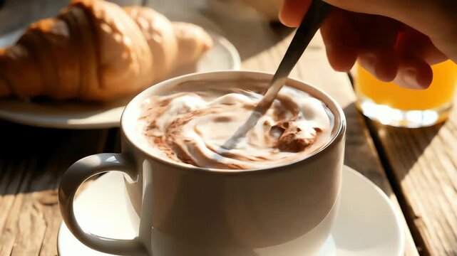 Hot Chocolate Drink in a Mug Being Stirred with a Teaspoon for Breakfast, A Simple and Comforting Morning Routine.