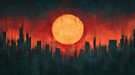 City illustration with sun, retro art for wallpaper, and an eclipse for wall dcor with textured backgrounds. Street art, creative sunset illustrations with neon highlights, Generative AI