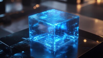 Futuristic data cube glows with digital information for modern tech uses