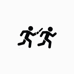 Two stick figures running and passing a baton in a relay race