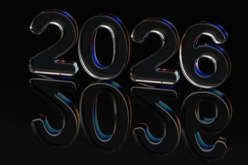 Elegant 3D glass numbers 2026 with a glossy reflective surface on a dark background, featuring colorful highlights and mirror reflections. Perfect for New Year, celebration