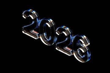 Glossy 3D glass numbers forming &ldquo;2026&rdquo; on a dark background, reflecting colorful highlights. Perfect for New Year designs, futuristic themes, celebrations, and modern graphic projects.