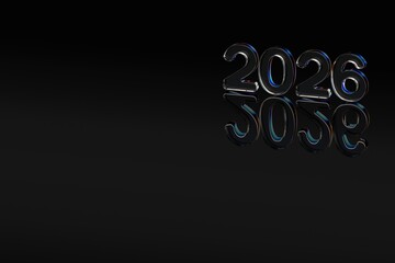 Minimal 3D glass numbers &ldquo;2026&rdquo; with glossy reflections on a dark background, featuring elegant lighting and empty space for text. Ideal for New Year designs and modern presentations.