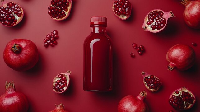Freshly bottled pomegranate juice next to a filled glass, clean composition with whole and opened pomegranate fruits. - Powered by Adobe