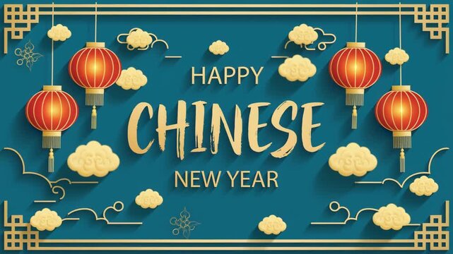 Festive Chinese New Year greeting card background with red lanterns and golden clouds on teal