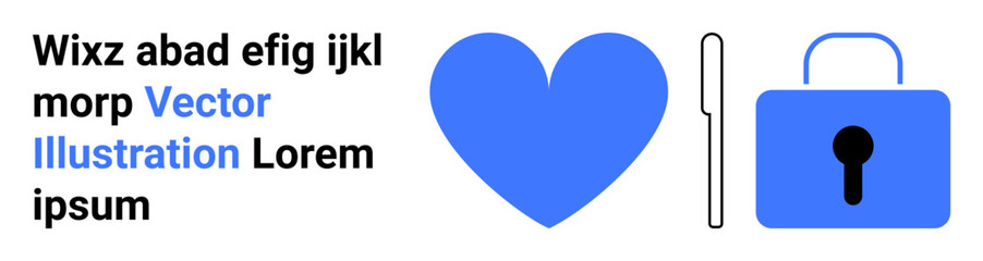Security, love, protection, privacy, access, authentication. A blue heart next to a key and padlock. Security and love are by interconnected visual elements