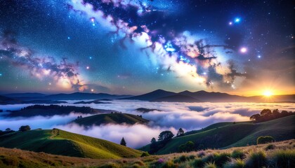 Breathtaking milky way over green hills and clouds at sunrise scenery