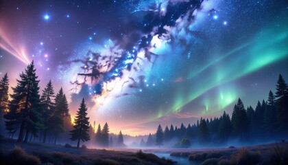 Stunning aurora borealis over a tranquil forest landscape at night