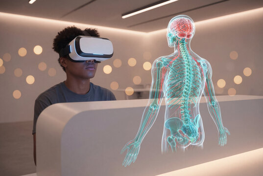 Young person experiencing virtual reality with human anatomy