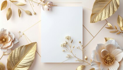Elegant blank card template with luxurious golden botanical accents
