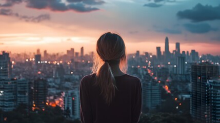 A woman stands on a rooftop overlooking a city skyline at sunset.