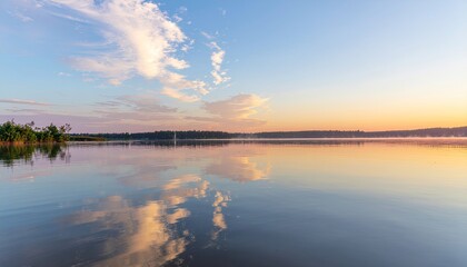 Fototapeta premium Calm Blue Lake at Sunset with Soft Sky Reflection 