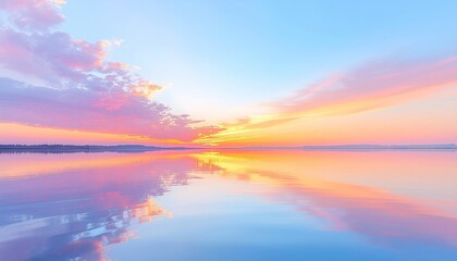 Breathtaking pastel sunset sky reflects on calm, tranquil lake waters