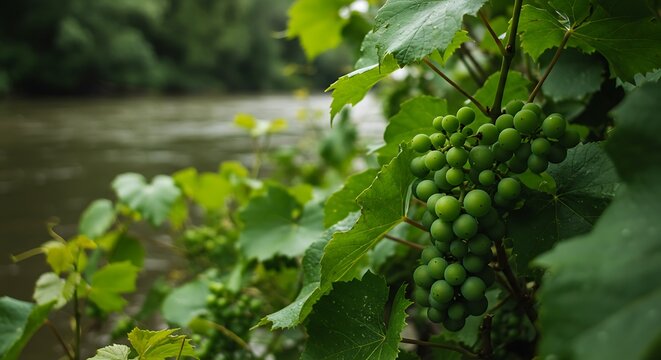 Green Grapes Growing on a Vine by a River.