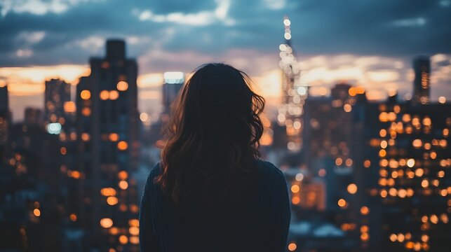 A woman stands silhouetted against the city skyline at dusk, gazing out at the glowing cityscape. - Powered by Adobe