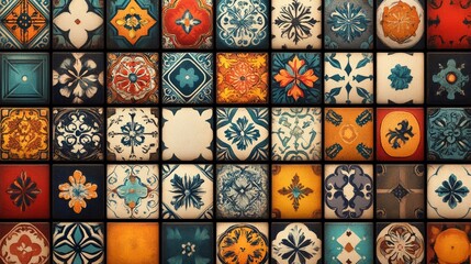 Retro mosaic art and abstract patterns on blocks or designs for vintage wallpaper. Creative color prints for tile designs and retro interior layouts with geometric elements, Generative AI
