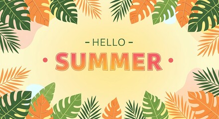 Hello Summer Tropical Leaves Background.