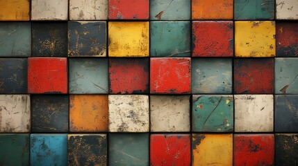 Retro ornamental tiles with a grunge aesthetic for vintage background designs. Colored blocks and textured patterns used for creative layouts or gaming levels in retro styles, Generative AI