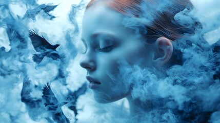 A woman with closed eyes is surrounded by a blue cloud and many black birds flying around.