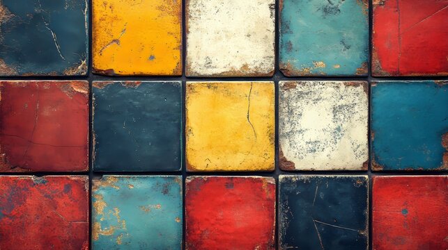 Retro ornamental tiles with a grunge aesthetic for vintage background designs. Colored blocks and textured patterns used for creative layouts or gaming levels in retro styles, Generative AI
