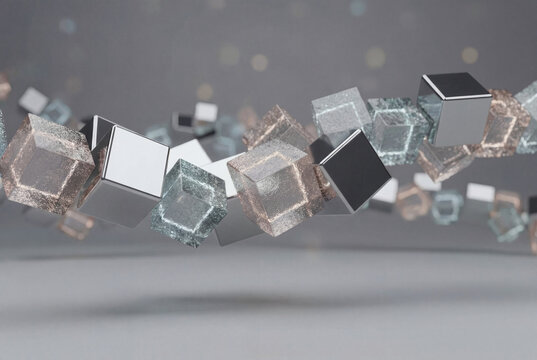 Abstract arrangement of metallic and glowing glass cubes