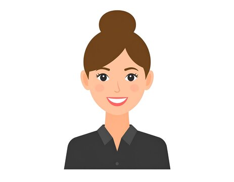 Simplified illustration of a woman with brown hair styled in a bun, smiling brightly. She wears a dark button-down shirt