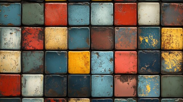 Retro ornamental tiles with a grunge aesthetic for vintage background designs. Colored blocks and textured patterns used for creative layouts or gaming levels in retro styles, Generative AI