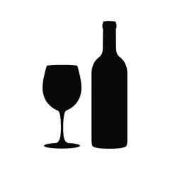 Black silhouette of a wine bottle and wine glass on white background