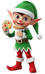Smiling christmas elf holding milk and cookies, spreading festive spirit isolated on transparent background