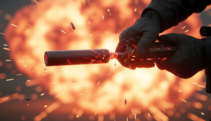 Fototapeta premium Gloved hands holding tactical weapon near intense explosion, action and danger