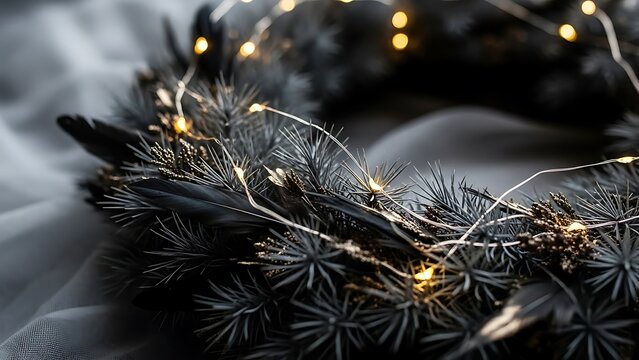 Elegant black Christmas wreath with sparkling fairy lights creates a festive and sophisticated holiday atmosphere for your seasonal designs and promotions - Powered by Adobe