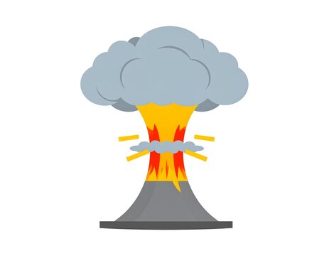 Simplified illustration of a volcanic eruption, with gray ash cloud, orange fire, and exploding lines against a white backdrop - Powered by Adobe