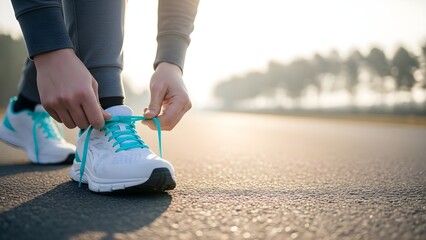 Runner Tying Laces On Running Shoes Outdoors At Sunrise.
