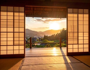 Scenic Japanese house interior, overlooking a beautiful sunset scene