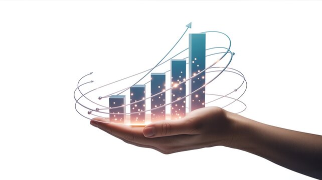 A person's hand supports a glowing upward-trending bar graph with swirling digital lines around it, symbolizing financial growth and economic progress.